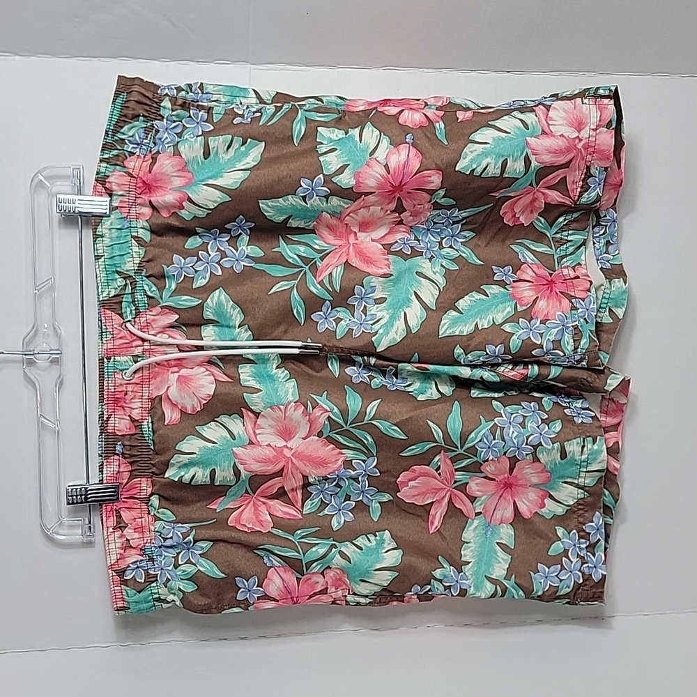 Lands' End Men's Brown Pink Green Blue Floral Swim Trucks, L 36-38